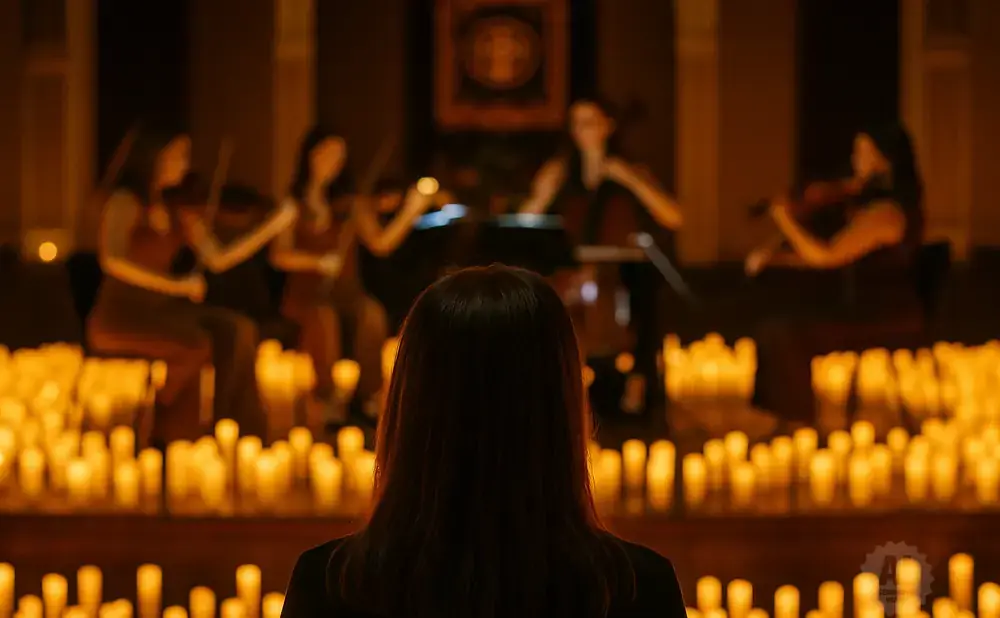A woman watches a string quartet play by candlelight.