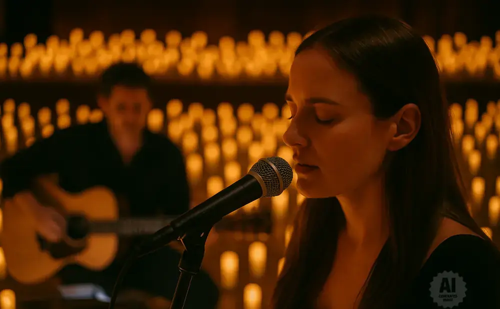 A woman sings into a microphone with a man playing guitar in the background, both lit by warm candlelight.