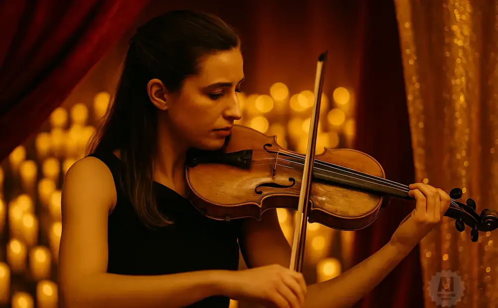 Woman playing violin in front of a background of candles and gold fabric.