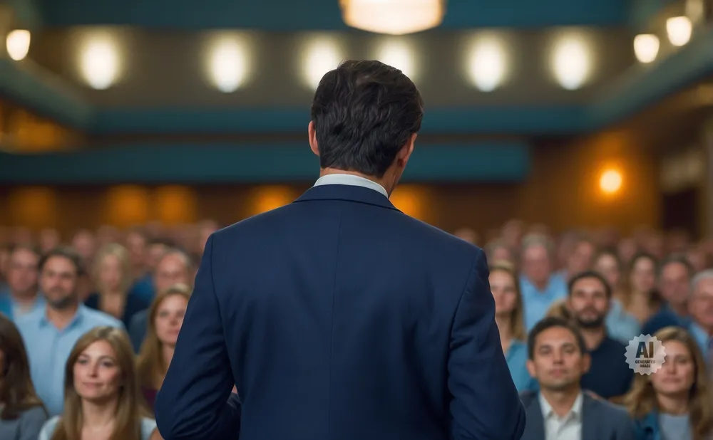A man in a dark suit speaks to a large, blurred audience in a room with warm lighting.