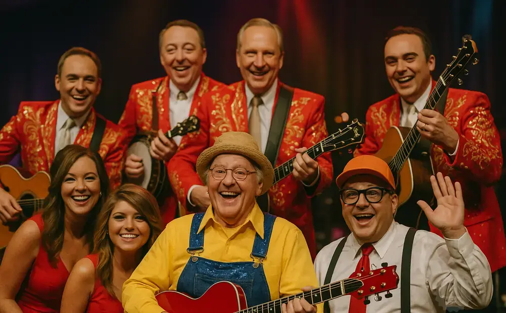 A music group with men in red sequined jackets and women in red dresses, smiling and playing instruments.