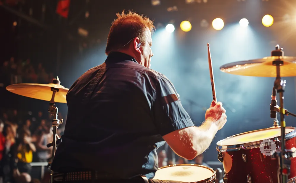 Drummer playing a red drum kit on a dimly lit stage with bright spotlights in the background.
