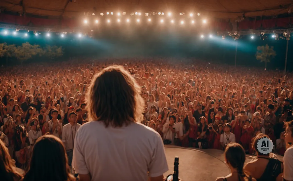 Back of a person facing a large, cheering crowd at an outdoor concert, illuminated by stage lights.