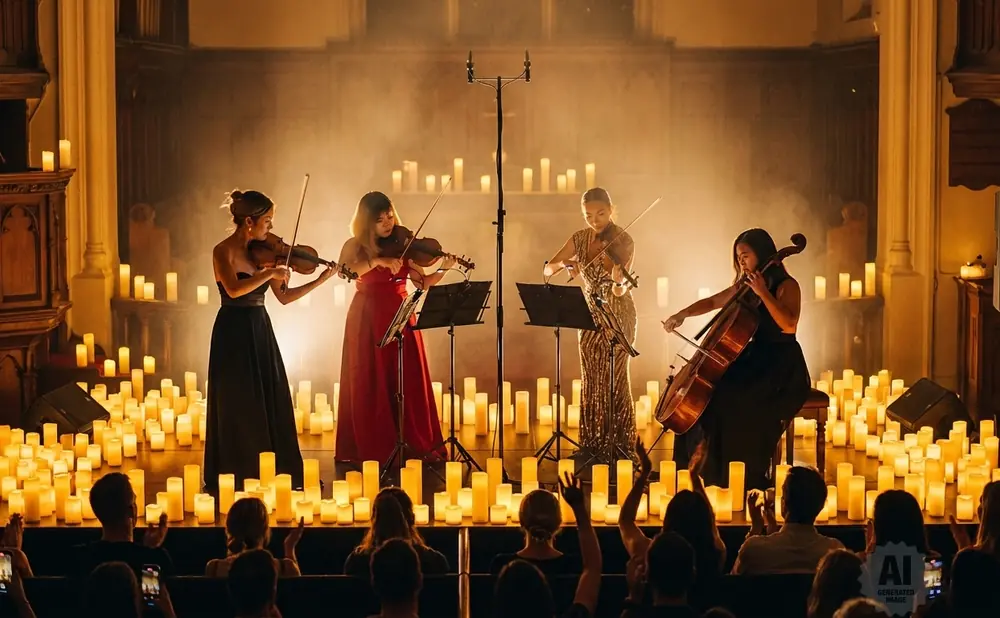 A string quartet plays illuminated by a sea of candles.