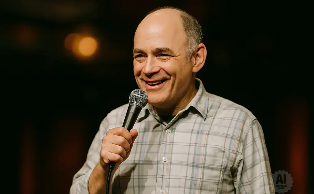 A bald man in a plaid shirt holds a microphone and smiles.