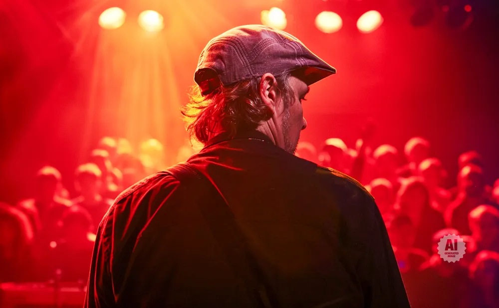 A person wearing a flat cap stands facing away from the camera on a dimly lit stage, with a blurred crowd in the background.