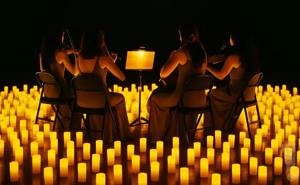 Four women play violins in a dark room filled with glowing candles.