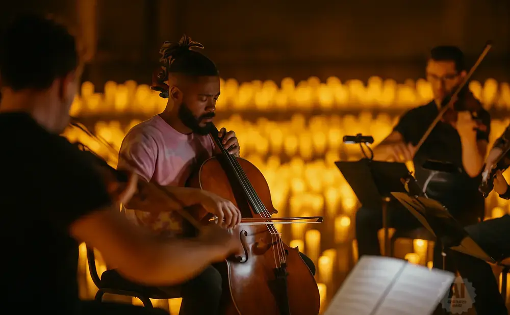 A cellist and violinist perform in front of a blurred backdrop of many lit candles.