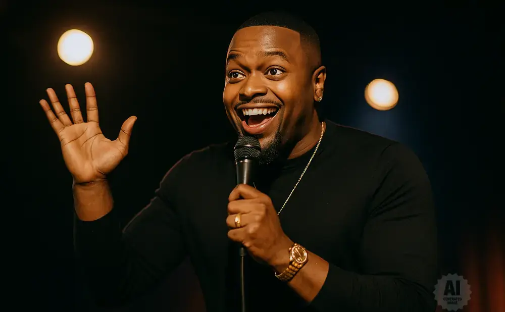 A Black man in a black shirt smiles and holds a microphone, with his left hand raised and lights in the background.
