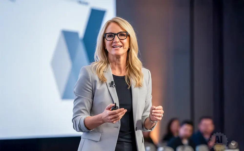 Woman in a grey suit and glasses speaks at a conference, holding a clicker.