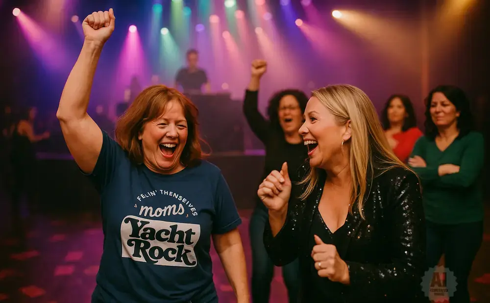 Two women joyfully dance at a concert with colorful stage lights.