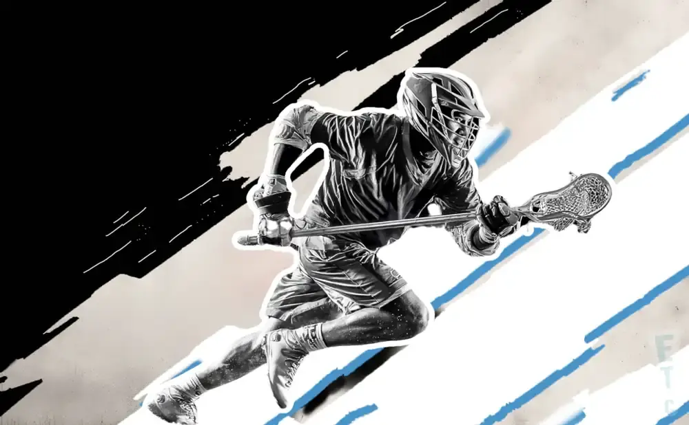 A black and white illustration of a lacrosse player running with a stick.