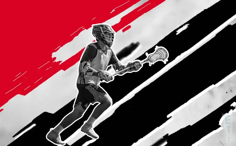 A lacrosse player in a helmet and pads runs with a stick on a graphic background of red and black diagonal stripes.