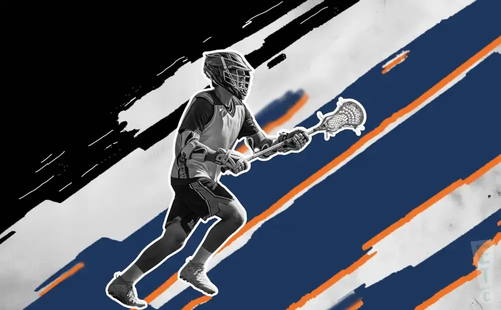 Lacrosse player in action, with a graphic background of diagonal blue, white, and orange stripes.