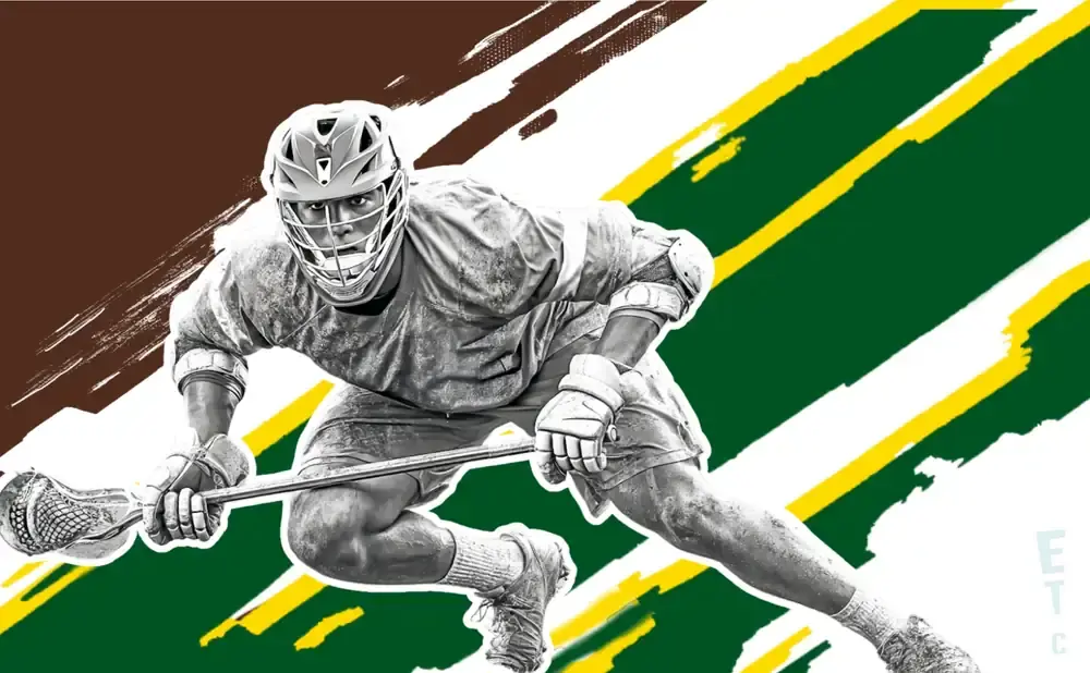 Lacrosse player in motion with a stick against a background of brown, green, and yellow stripes.