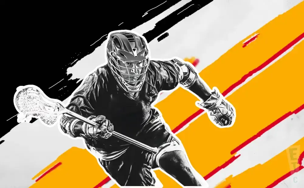 A black and white image of a lacrosse player in action against a backdrop of yellow and red streaks.