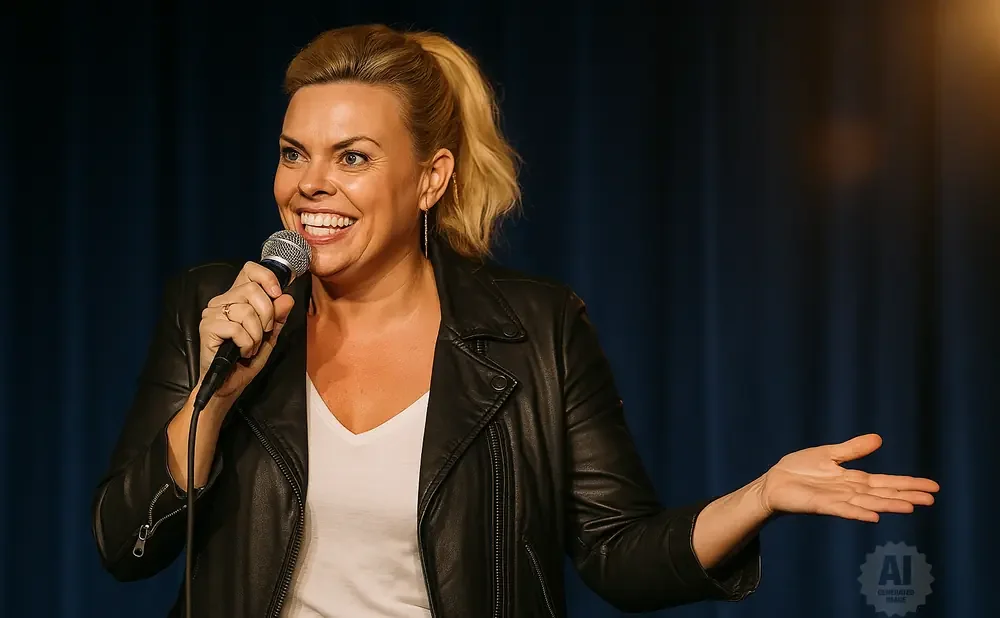 A blonde woman in a leather jacket holds a microphone and gestures with her open hand, smiling broadly.