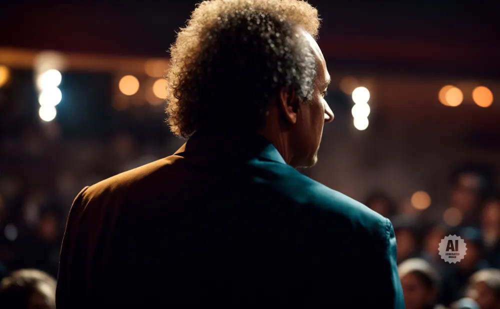 Man with curly hair in a suit facing away from camera, speaking to an audience with blurred lights in background.
