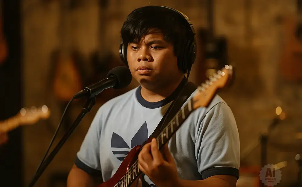 Man wearing headphones plays a red guitar and sings into a microphone.