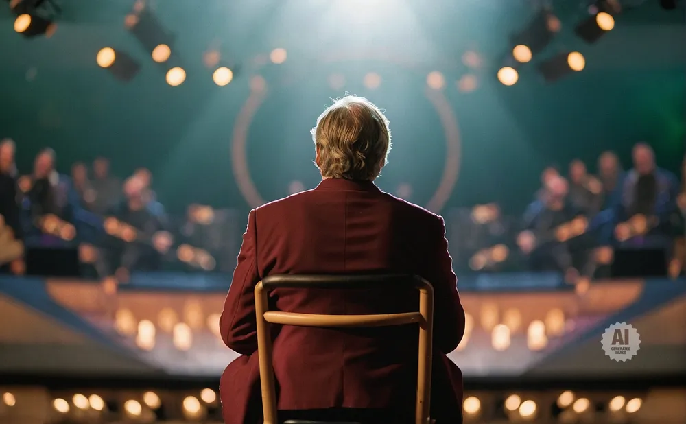 Man in maroon jacket sits in chair facing away from camera, bathed in spotlight, with audience in background.