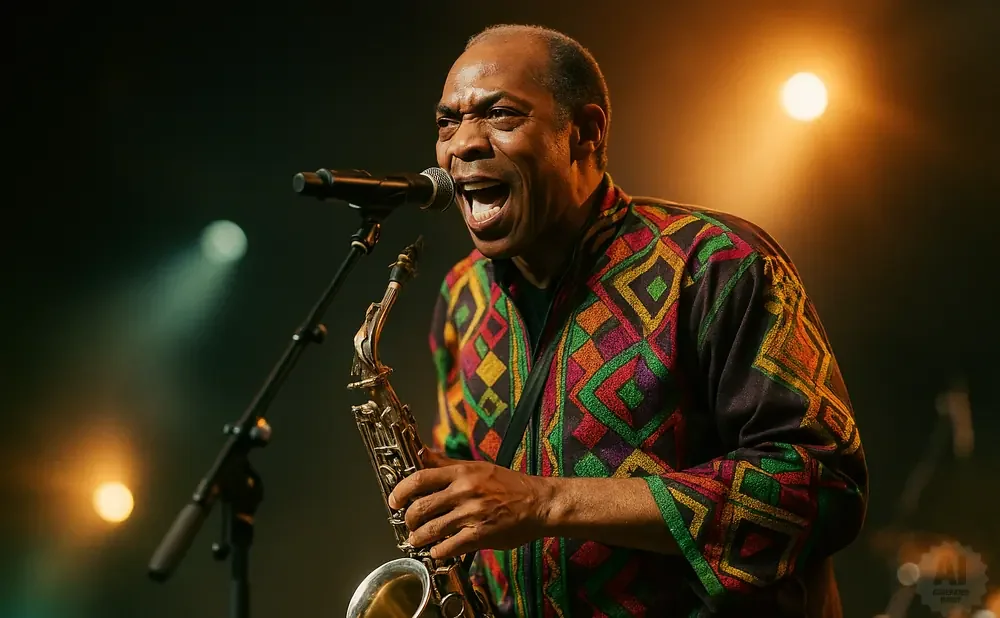 A Black man with his mouth open sings into a microphone while playing a saxophone. He wears a colorful, patterned shirt.
