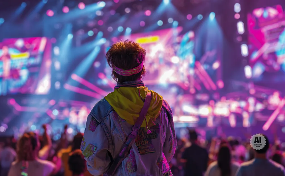 Person in denim jacket watches a vibrant concert stage with pink and blue lights.