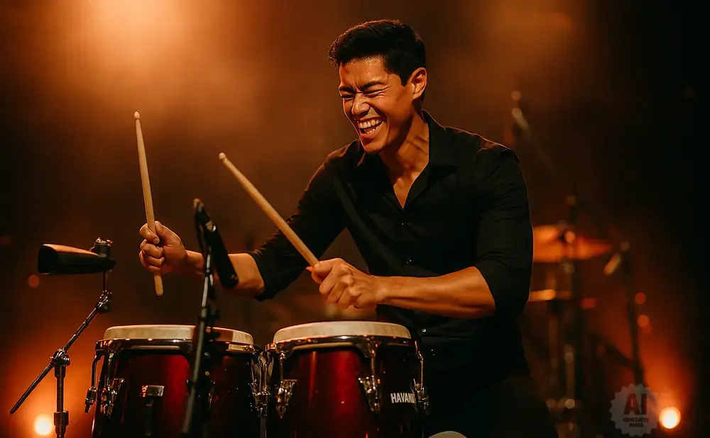 A drummer with a joyful expression plays conga drums with drumsticks, illuminated by warm stage lights.