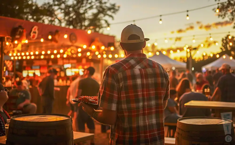 Man in plaid shirt carries a tray of food at an outdoor evening event with string lights.