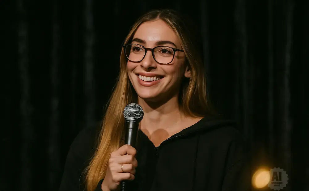 Woman with glasses and long blonde hair smiling and holding a microphone.