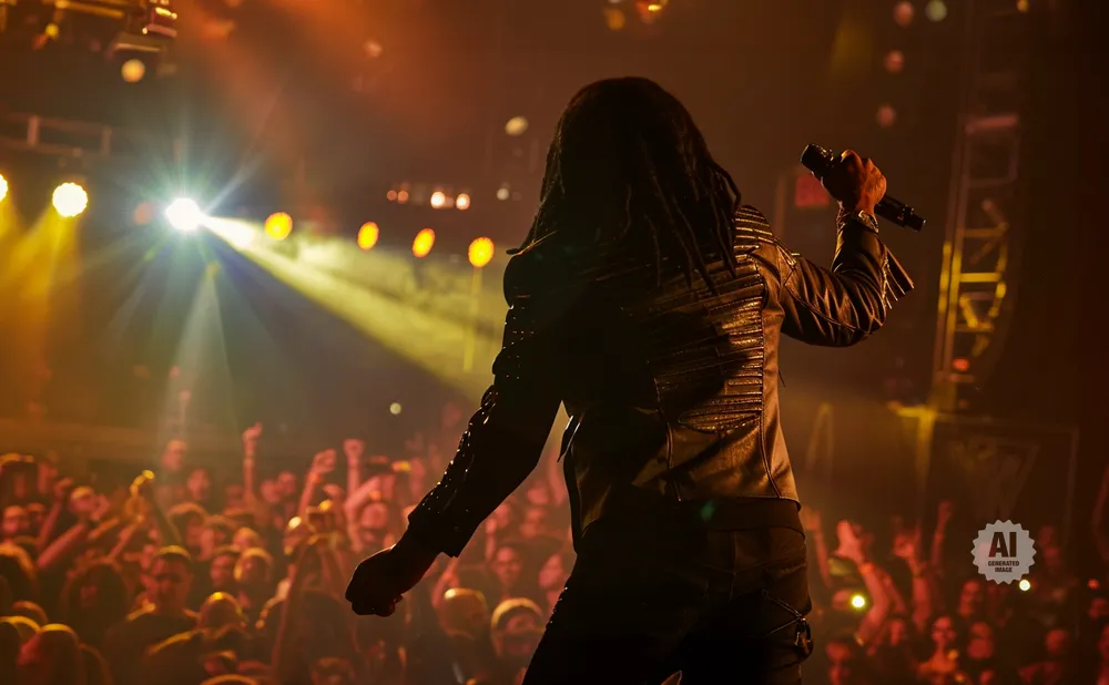 Singer with dreadlocks in a leather jacket performs for a crowd at a concert, illuminated by stage lights.