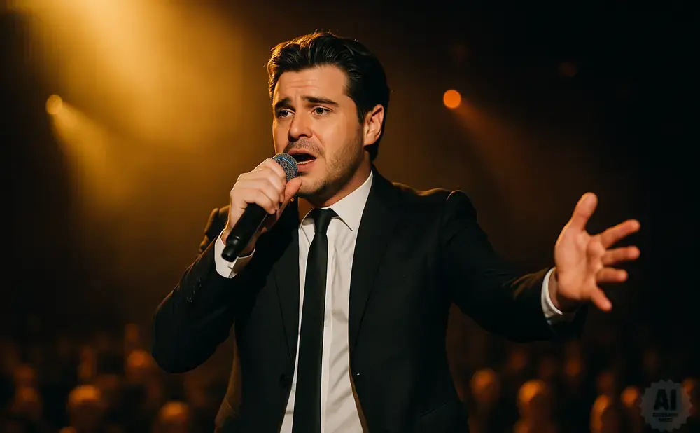 A man in a suit sings into a microphone on a stage, with audience members in the background.