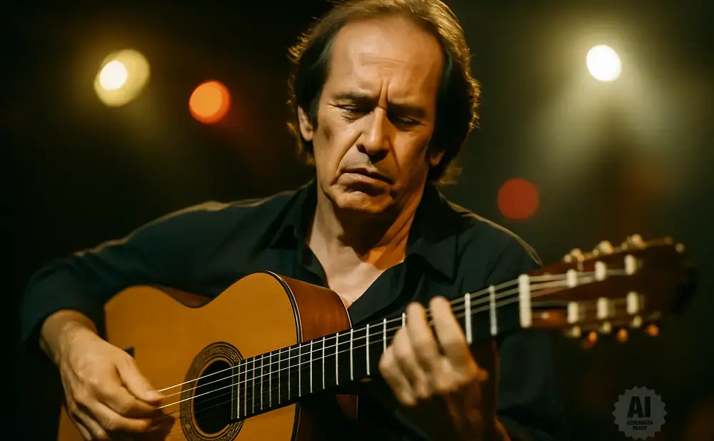 A man with dark hair plays an acoustic guitar, his eyes closed in concentration.
