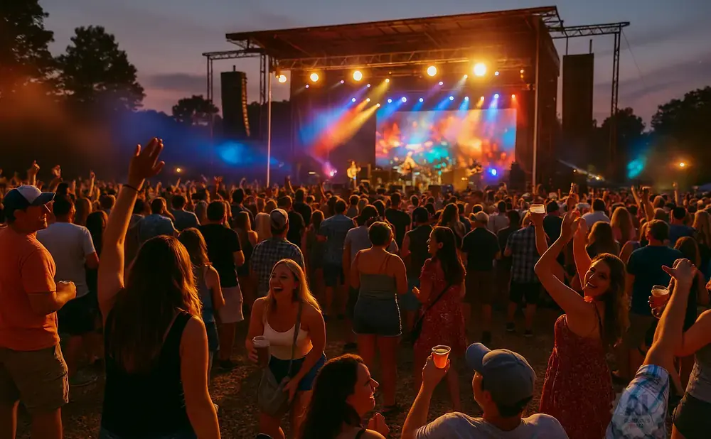 A crowd at an outdoor concert enjoys the show as the sun sets, with colorful lights illuminating the stage.