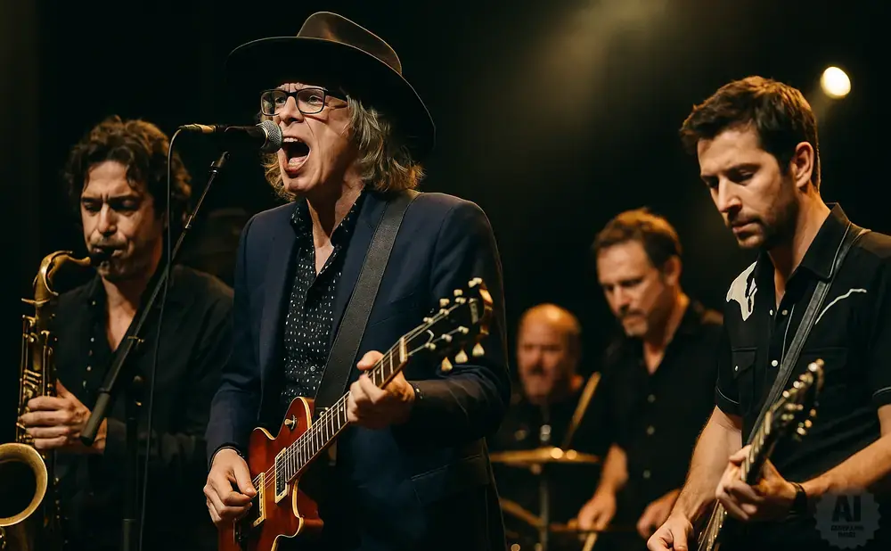 A rock band performs on stage, with the lead singer in the foreground playing guitar and singing.