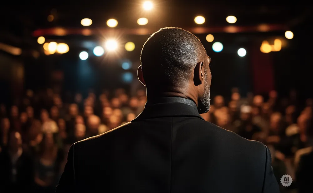 Back view of a Black man in a suit, speaking to a blurred audience under stage lights.