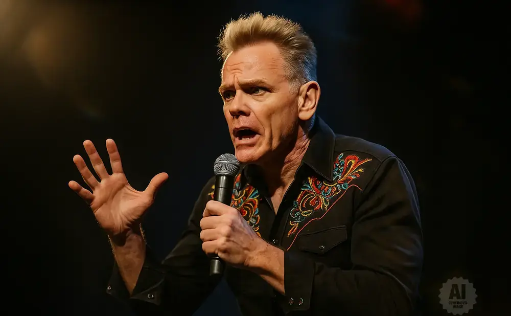 A man with blond hair speaks into a microphone, gesturing with his left hand.