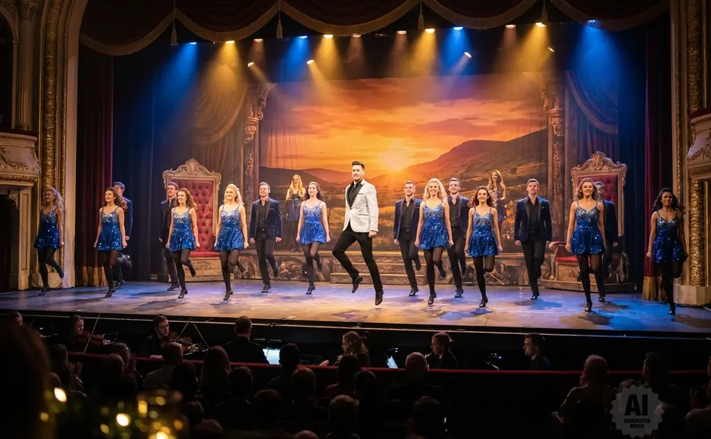 Dancers in blue dresses and a man in a white jacket perform on stage with a scenic backdrop.