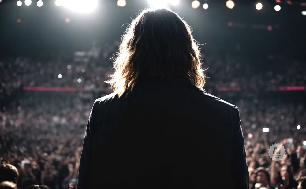 Person with long hair in a suit on stage facing a cheering crowd.