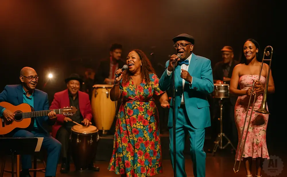 A band performs on stage with singers, a guitarist, and a trombonist.