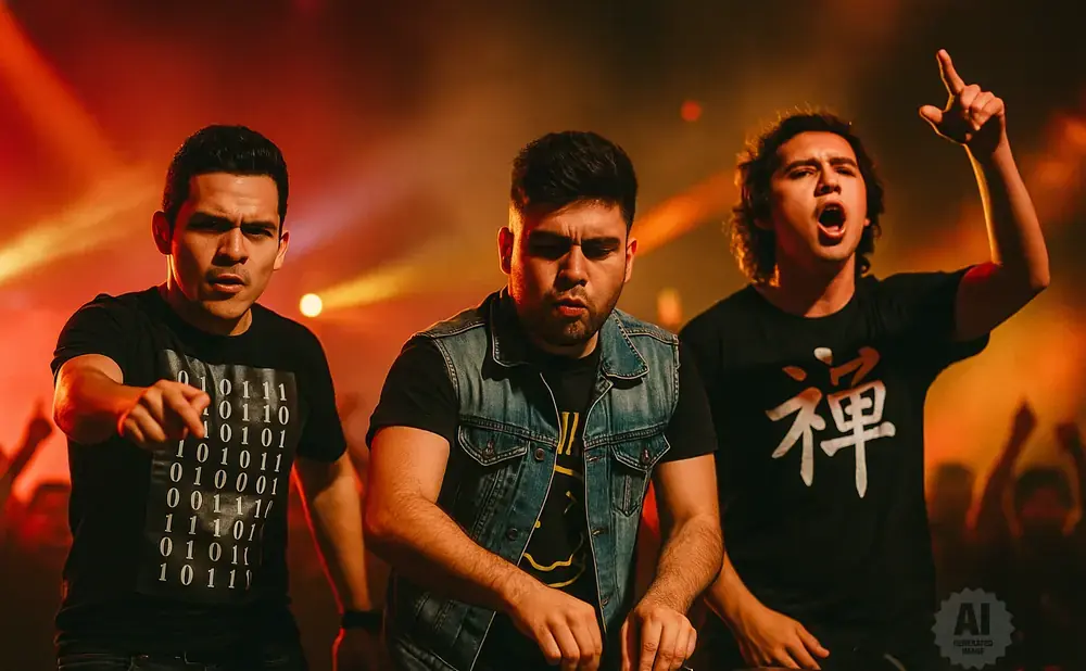 Three men perform on stage under orange lights. The man on the left points forward.