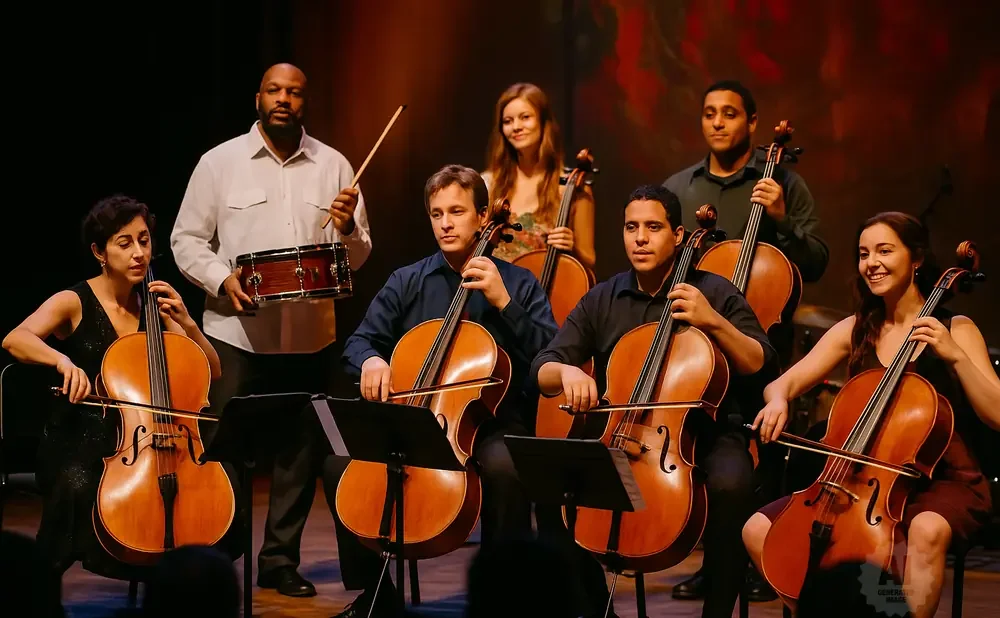 An orchestra of cellists and a drummer perform on stage.