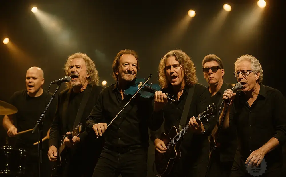 A band performs on stage, with members playing guitar, violin, and drums, all wearing black.