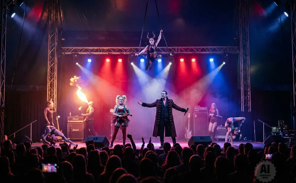 Circus performers on stage: aerialist, fire breather, contortionist, and hosts in costume, under colorful stage lights.