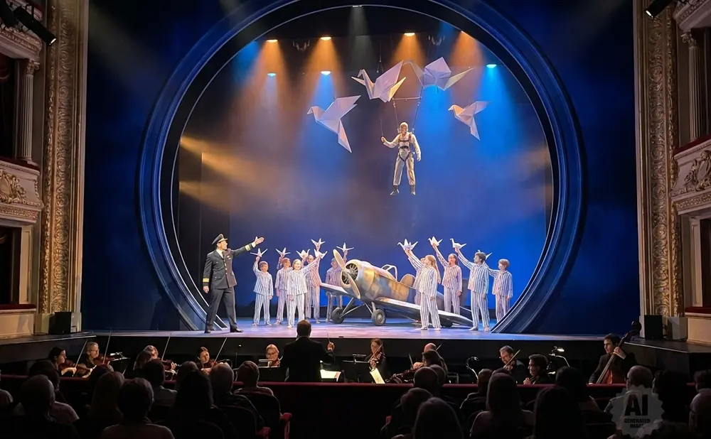 Stage performance with aviator, children in pajamas, and origami cranes.