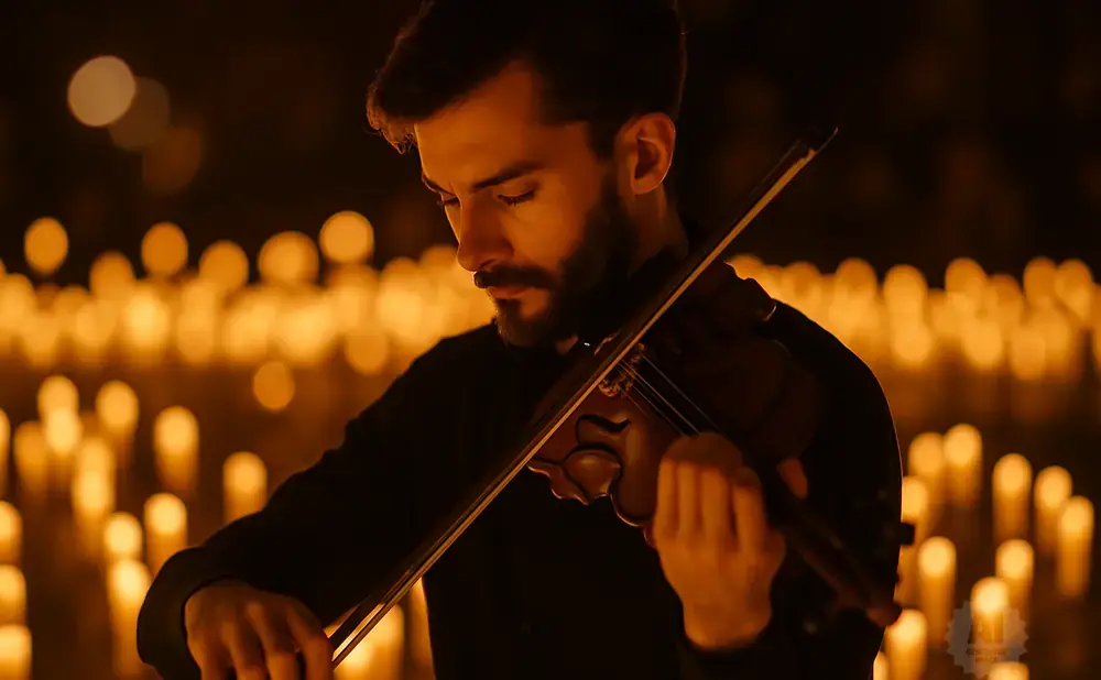 A man plays a violin in front of many flickering candles, creating a warm, glowing atmosphere.