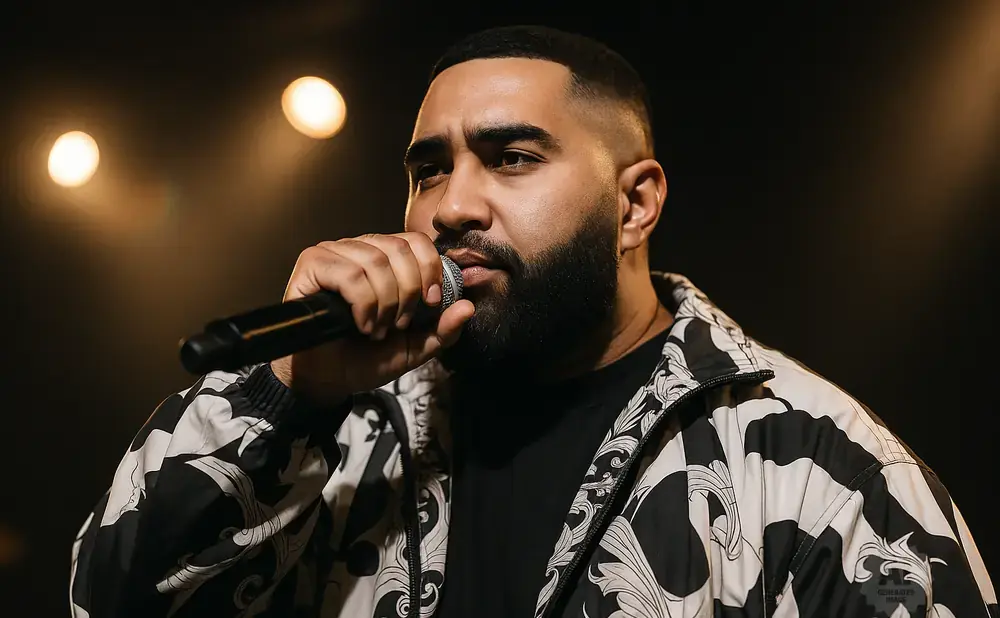 A man with a beard holds a microphone to his mouth, wearing a black and white patterned jacket.