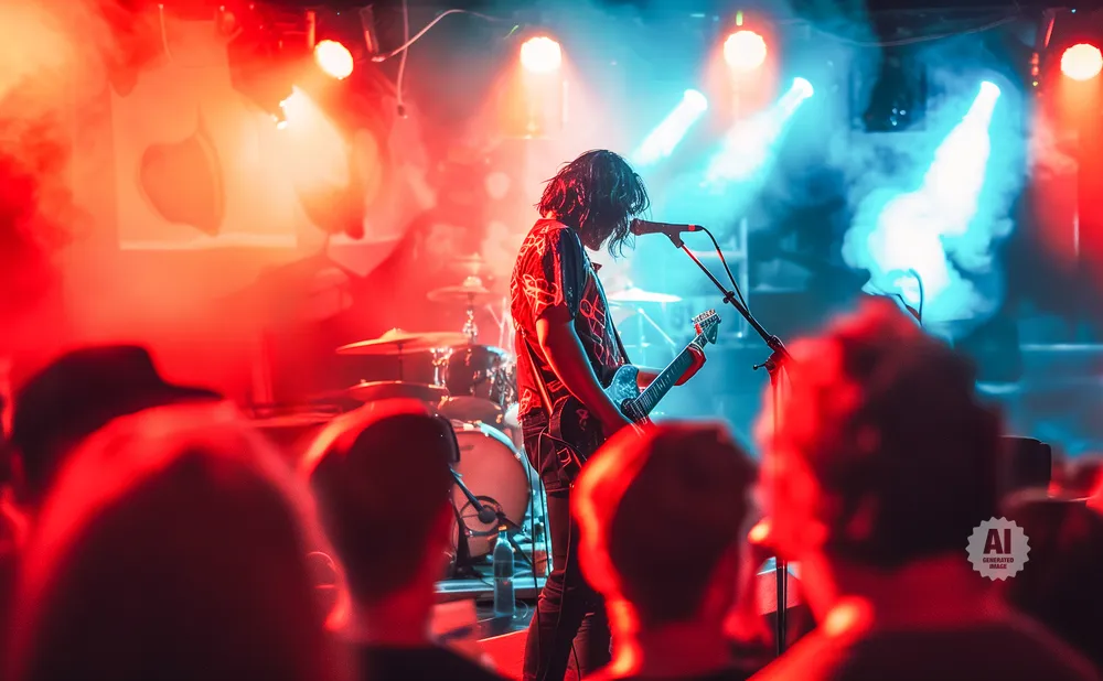 A guitarist on a smoky stage bathed in red and blue lights, performing for a blurred audience.