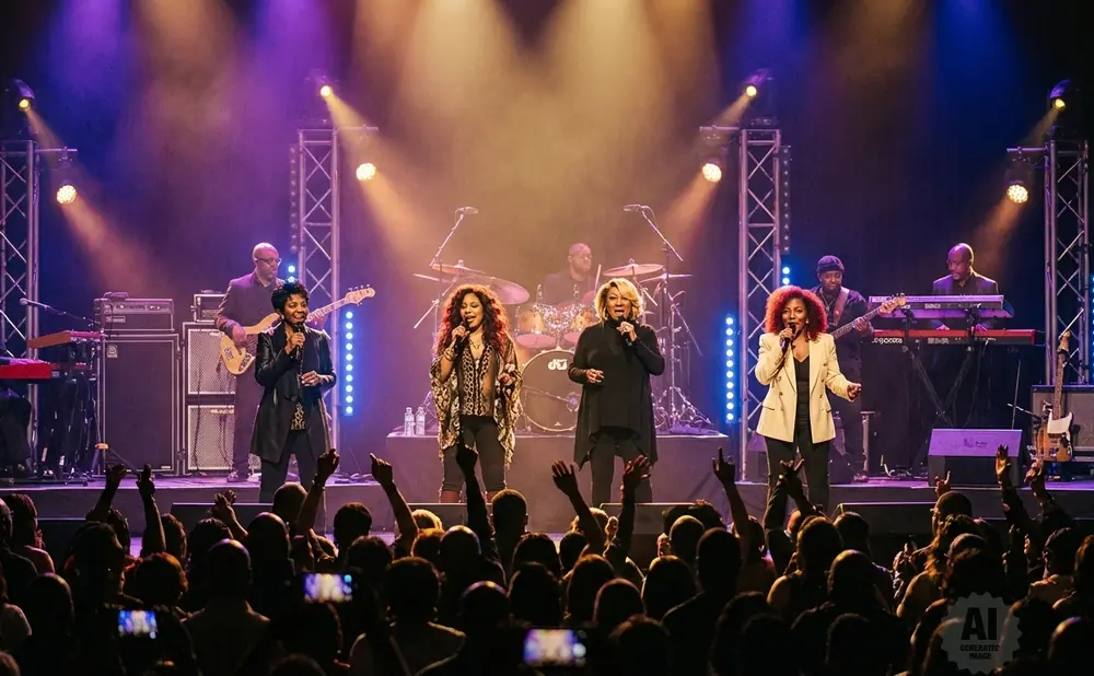 A female vocal group performs on stage with a band under purple lights as an audience cheers.