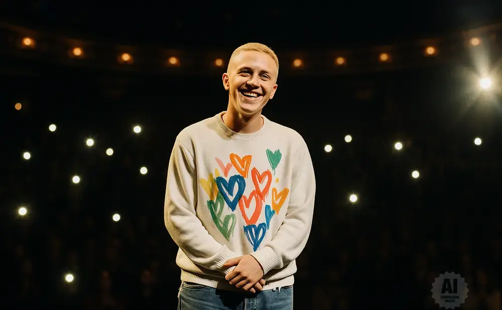 Man with short blonde hair smiles in a white sweater with colorful hearts, standing on a dark stage with lights.