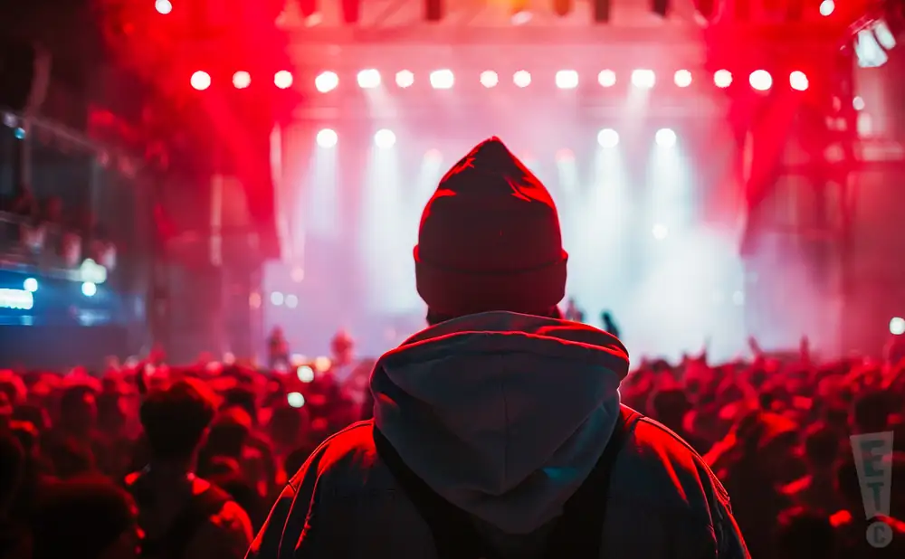 A person in a beanie watches a concert with bright red stage lights.